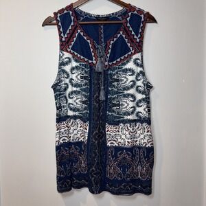 Lucky Brand BOHO Geo Paisley Red Blue Embroidered Sleeveless Top Tassels XL NWOT